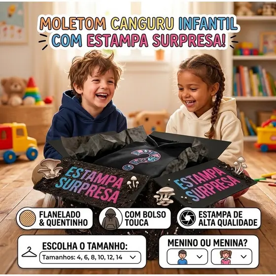 Moletom Infantil Menina E Menino Com Capuz E Bolso Estampa Surpresa Quentinho