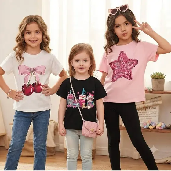 Kit 3 Camiseta Infantil Menina Moda Laço Cereja Urso Blogueira Tendência Criança Tecido 100% Algodão
