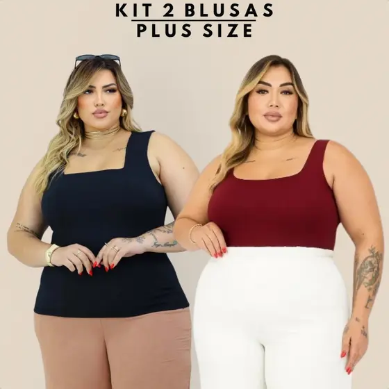 Kit 2 Regata Feminina Plus Size Básica De Alça Malha Canelada