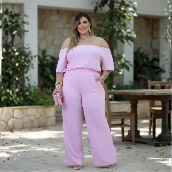 Conjunto Feminino Plus Size Cropped Pantalona Elegante Ciganinha