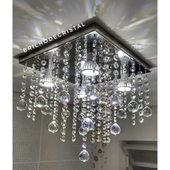 Lustre Cristal K9 30x30cm com 4 Soquetes GU10 – Base Inox Espelhado Montado