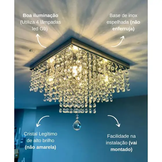 Lustre de Cristal K9 30x30cm Montado C/ LED Para Sala de Estar Jantar Pendente Moderno Decorativo