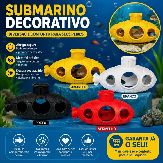 Submarino Decorativo Aquário Impressão 3D Enfeite Abrigo Para Peixes