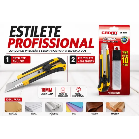 Estilete 18mm Profissional Kit com 10 Lâminas ou Estilete Avulso
