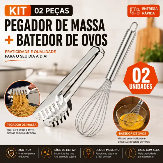 Kit Pegador de Massa + Batedor de Ovos Fouet Aço Inox Cozinha