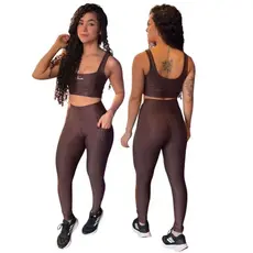 Conjunto de Academia Feminino Fitness/C Bolso Calça Legging Zero Transparência com Cintura Alta