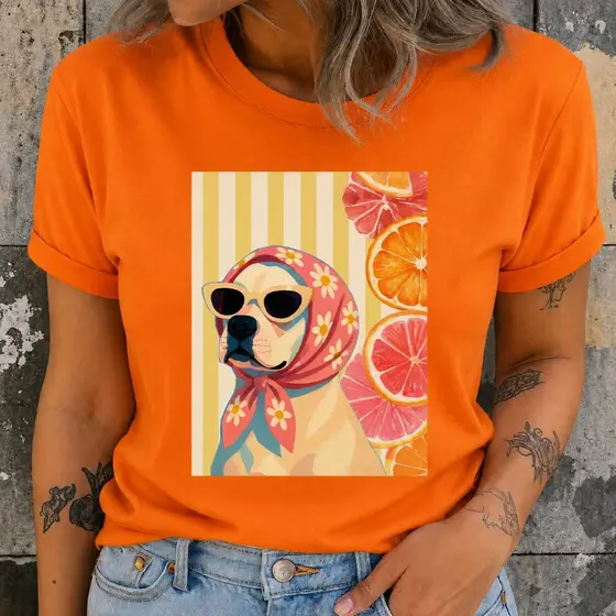 Camiseta Cachorro Retrô com Lenço Floral e Óculos Estampa Tropical Colorida