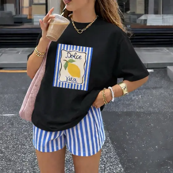 Camiseta Feminina Dolce Vita Limão Oversized Algodão Premium Moda Verão Casual Trendy