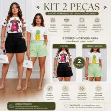 Kit 2 Shorts Femininos de Linho com Cinto Cintura Alta Alfaiataria Premium Casual Elegante Confortável