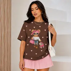 Camiseta Feminina urso fofo com Óculos e Chiclete Estampa Cute Premium 100% Algodão Casual Fashion