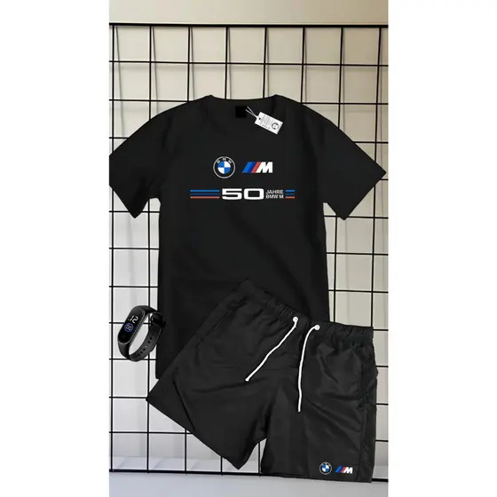 CONJUNTO DE CAMISETA 100% ALGODÃO MANGA CURTA BERMUDA TACTEL ESTAMPA BMW 50 + RELOGIO DE BRINDE