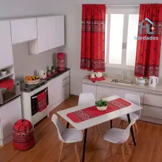 Jogo De Cozinha Kit 10 Peças + Cortina Vitro Estampado