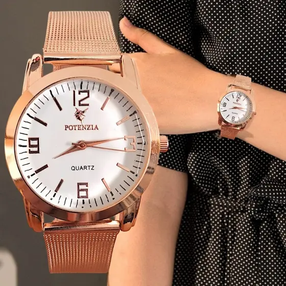 Relógio Feminino Elegante Potenzia com Pulseira de Aço Esteirinha Estilosa Linda
