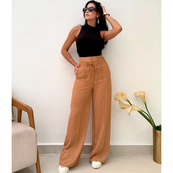 Calça Pantalona Feminina Listradas Com Bolso Cintura Alta