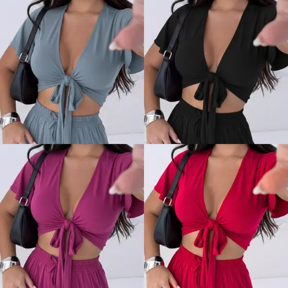 Cropped Com Amarração Multiformas Feminino Blusa Top Decotado