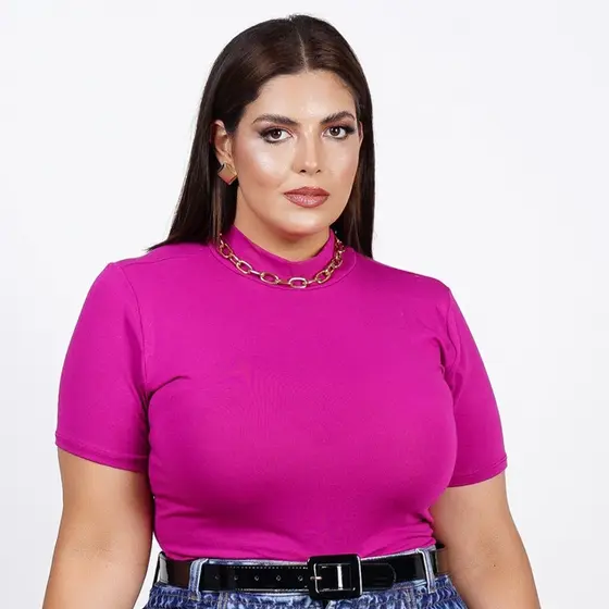 Blusa Lisa Gola Alta Plus Elegante Tendência Fucsia G e GG