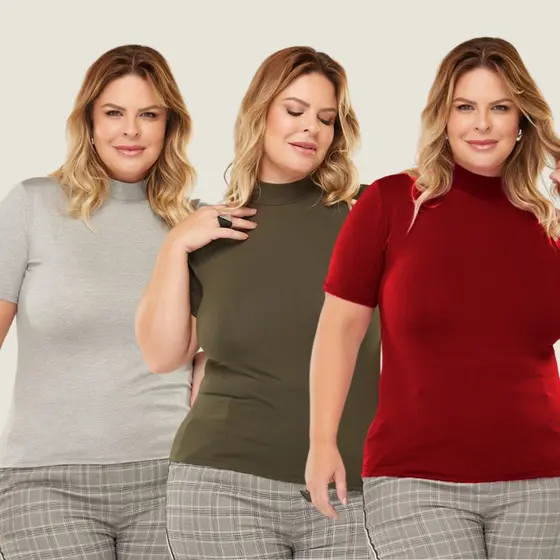 Kit 3 Gola Alta Lisa Viscolycra Casual Feminina Tendência