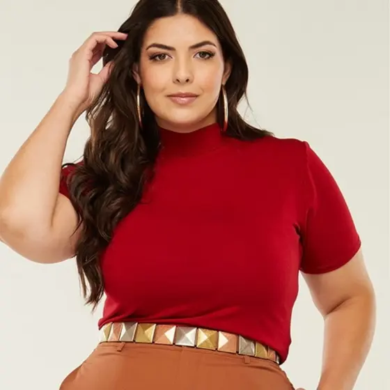 Blusa Lisa Gola Alta Plus Elegante Tendência Marsala G e GG