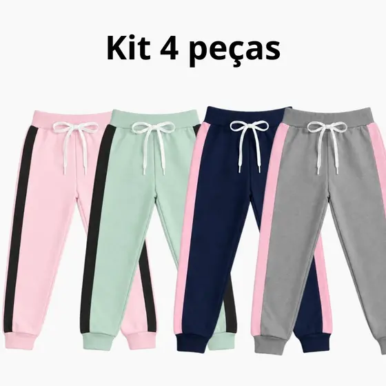 Kit Calças Infantil Listras Moletinho Menina 2 ao 12 Dia a Dia Roupa Juvenil Meia estação