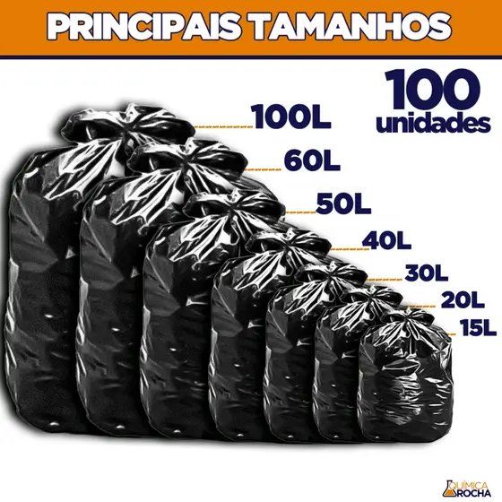 Saco de Lixo pacote preto com 100 unidades (15, 20, 30, 40, 50, 60 e 100 Litros)