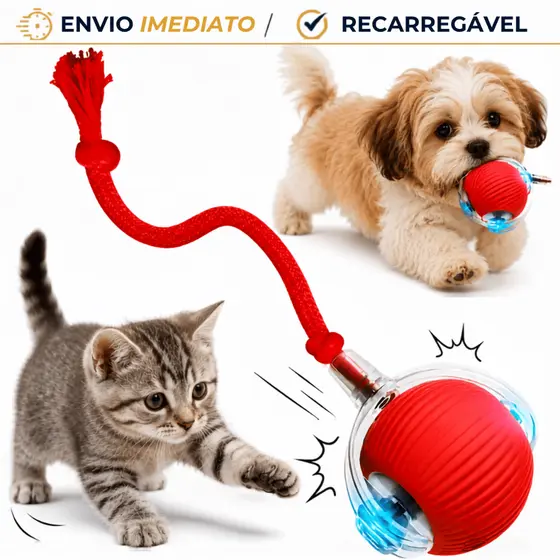 Bola Interativa Automática Pet Cães Gatos Recarregável USB Brinquedo Elétrico Inteligente com Cauda