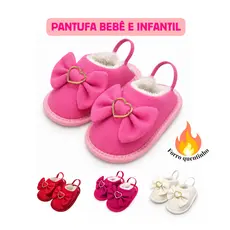 Pantufa Bebê e Infantil Feminina Antiderrapante Pelúcia Interna Solado Macio Laçinho e Coração