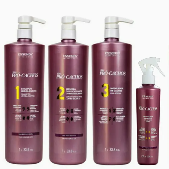 Kit Shampoo, Máscara e Modelador 1L Pro Cachos com Finalizador Spray Fixador 250ml Pro Cachos Essendy Profissional