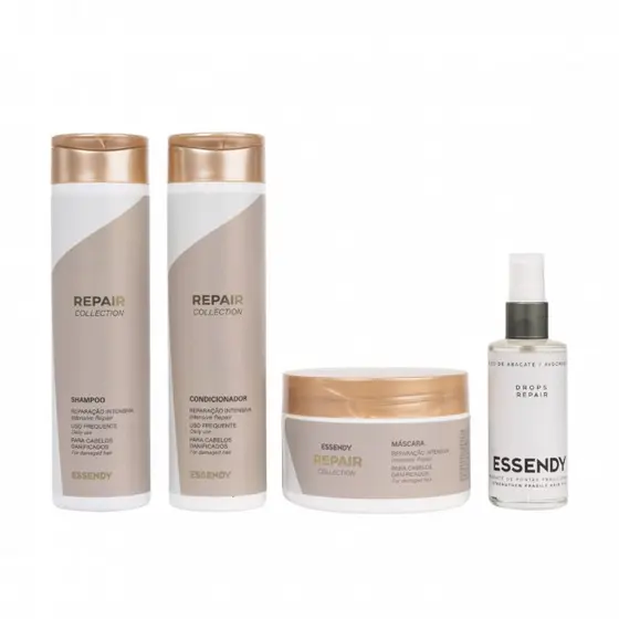 Kit Repair Collection 250ml com Óleo 60ml Essendy - Shampoo Condicionador Máscara 250ml e Drops Repair 60 ml - Tratamento capilar para todos tipos de cabelo Proteção térmica e solar Revitaliza e Rapara os fios - Original Profissional