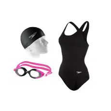 Kit Natação Speedo Maiô Cross + Óculos Smart + Touca Flat Silicone