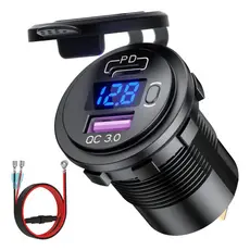 Tomada Carregador Usb Veicular Qc3.0 + Saída Tipo C Pd Botão Liga E Desliga Com Voltímetro E Chicote 12v-24v Display Led
