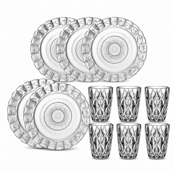 Kit 6 Pratos + 6 Copos de Vidro Transparente – Conjunto Resistente