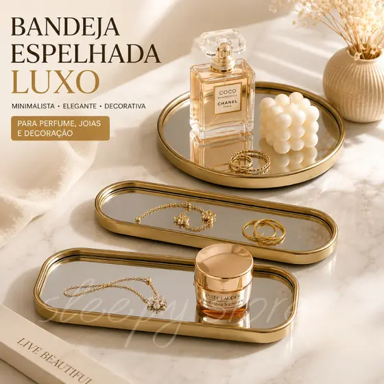 Bandeja Espelhada Decorativa Luxo Dourada Minimalista para Perfume Joias e Decoração