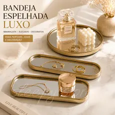 Bandeja Espelhada Decorativa Luxo Dourada Minimalista para Perfume Joias e Decoração