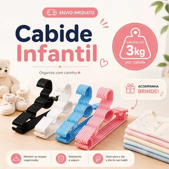 Cabide Infantil Premium • Suporta Até 3kg • Disponível em 4 Cores • Envio Imediato