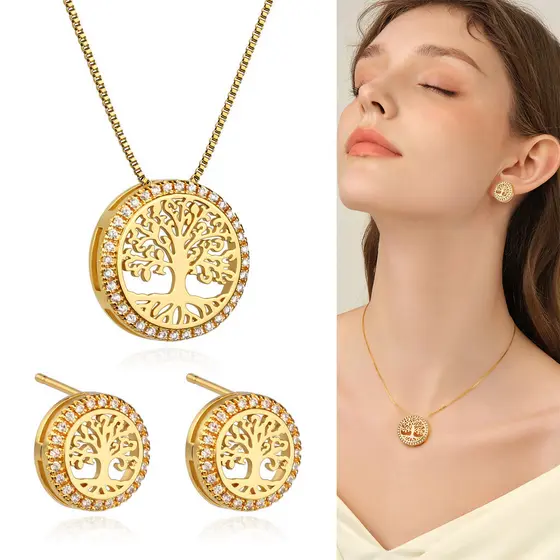 Kit Colar Brincos Feminino Ouro 18K Redondo Coreanos Conjunto Folheado a Platina Arvore Da Vida Zircônia Cravejada