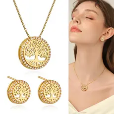 Kit Colar Brincos Feminino Ouro 18K Redondo Coreanos Conjunto Folheado a Platina Arvore Da Vida Zircônia Cravejada