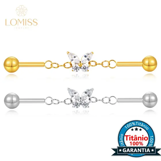 Piercing Transversal Titânio Borboleta Zircônia Cravejada