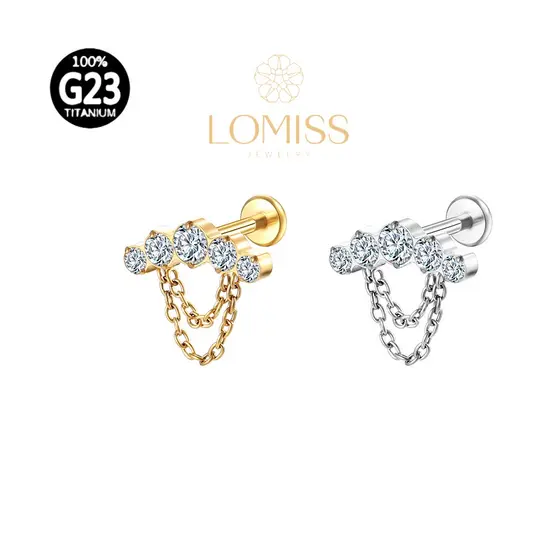 Piercing Labret Hélix Tragus Conch Boca-Medusa Titânio G23 PVD Cluster Corrente 5 Zircônias Lomiss piercing