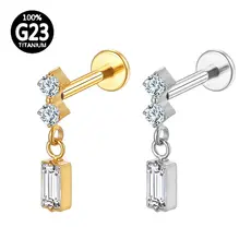Piercing Helix Conch Tragus Labret Titânio Pvd Zircônia Cravejada Com Pingente Quadrado