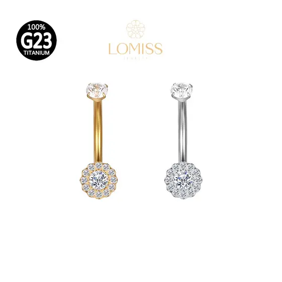 Piercing Umbigo Banana Titânio PVD girassol Zircônia Lomiss semijoias