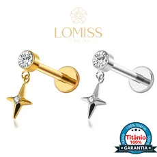 Piercing Tragus Helix Labret Titânio Pvd Estrela Com Pingente 2 Zircônia | Orelha Flat Conch Nariz Lóbulo Corrente Para