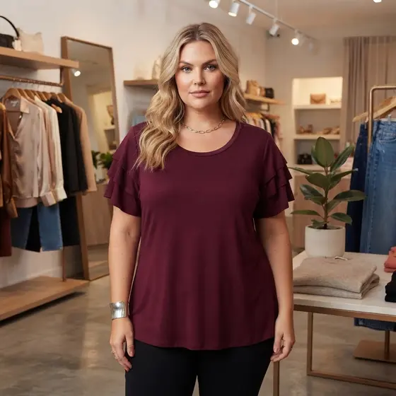 Blusa Plus Size Feminina Básica Com Babado Manga Viscolycra Até 54 Soltinha Fresca
