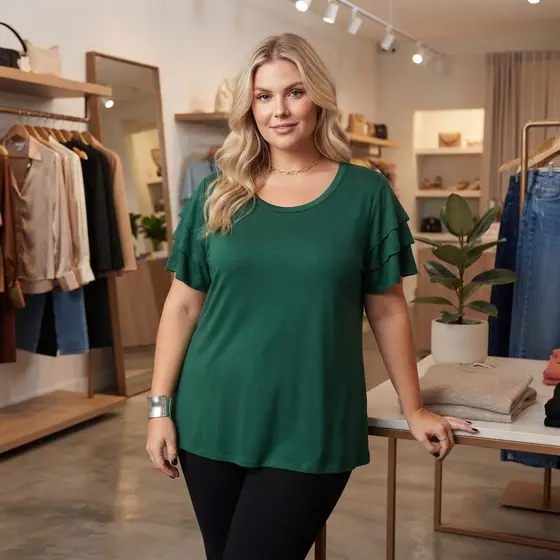 Kit 2 Blusas Femininas Plus Size Com Babado Manga Viscolycra Confortável