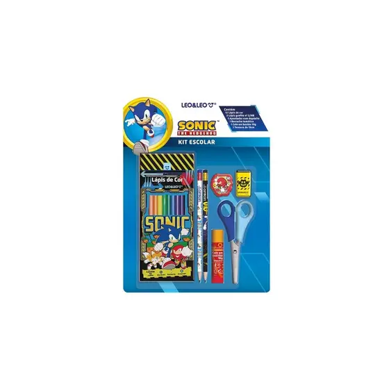 Kit Escolar Sonic - Lápis Com 12 Cores + 5 Itens  -  Leo&Leo