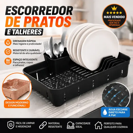 Escorredor de Louças Com Porta Talhares Pratos Copos|Organizador de Pratos Compacto p/ Pia Multiuso