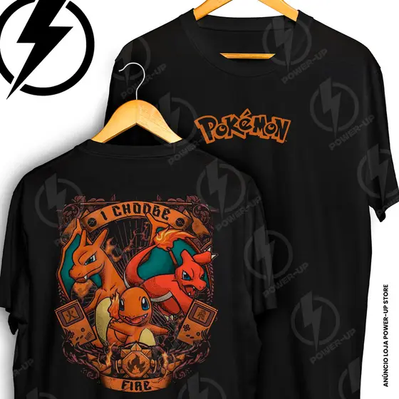 Camiseta Charizard Pokemon I Choose Fire Anime Gamer Frente E Verso Blusa Camisa 100% Algodão