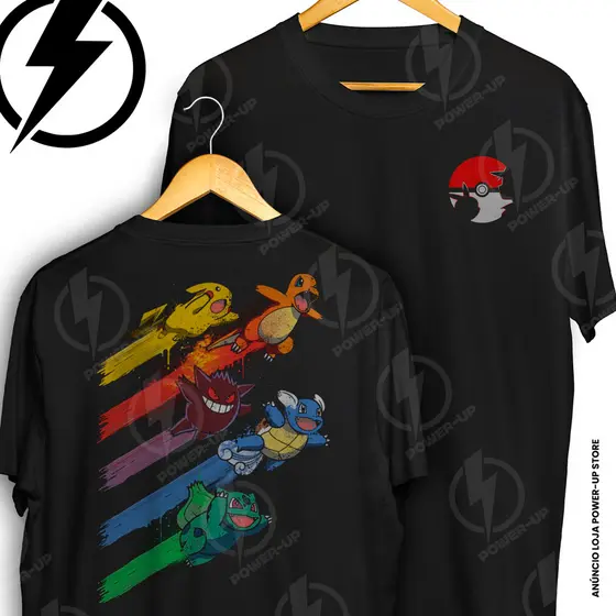 Camiseta Pokemon Pikachu Charmander Squirtle Frente E Verso Blusa Camisa 100% Algodão