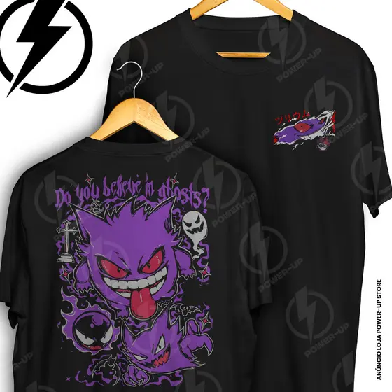 Camiseta Pokemon Gengar Haunter Gastly Ghost Type Frente E Verso Blusa Camisa 100% Algodão