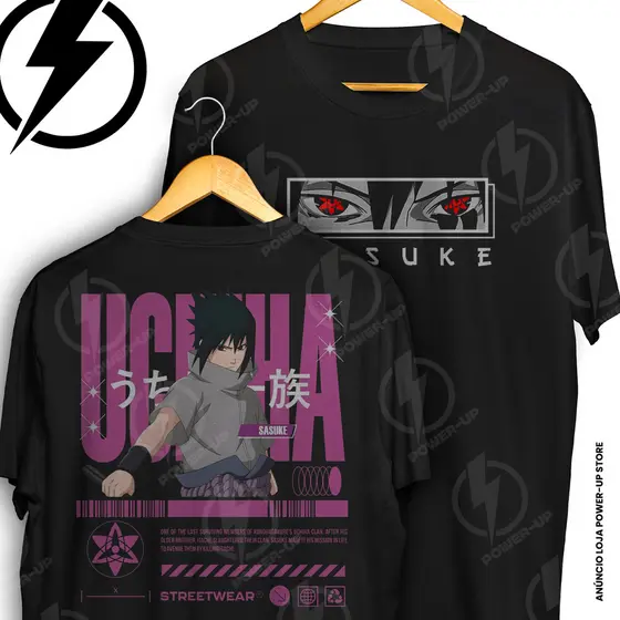 Camiseta Naruto Sasuke Uchiha Clan Streetwear Frente E Verso Blusa Camisa 100% Algodão