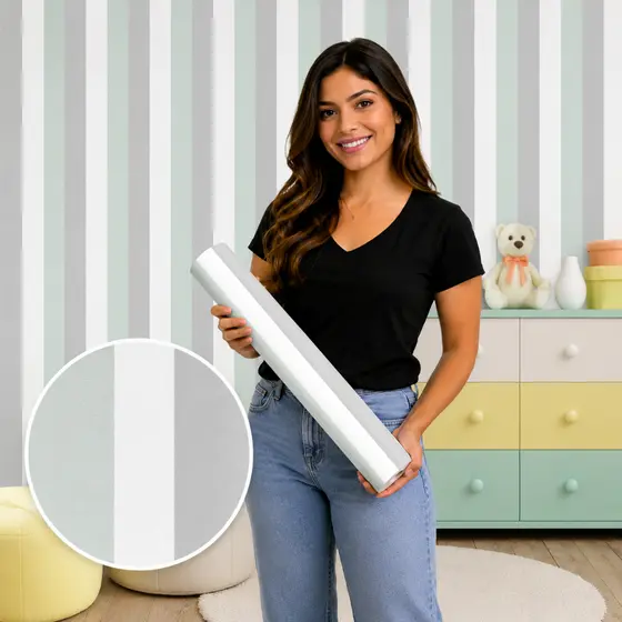 Papel de Parede Lavável Vinil Autocolante Listrado Verde para Sala